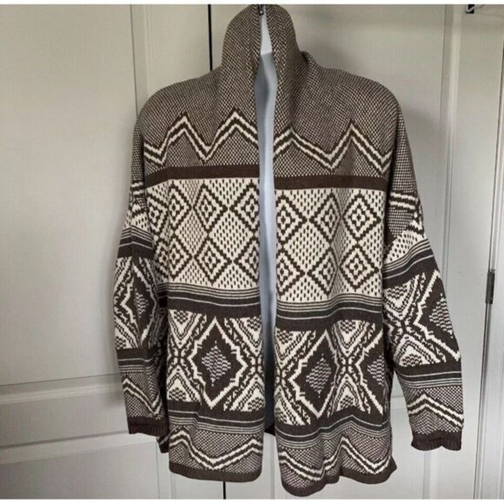 Old Navy Fair Isle Cardigan Sweater M Medium Neutral Aztec Open Front Grampa